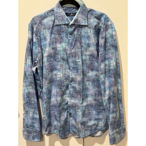 Men's Stone Rose Shirt, L, Blue watercolor pixel print long sleeve GUC
